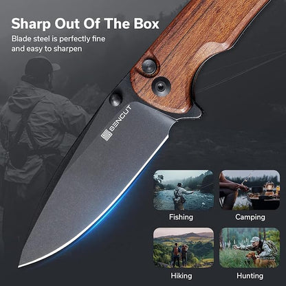 SENCUT Sachse Pocket Knife Folding Knife for EDC, Wood Handle 9Cr18MoV Blade Foldable Small Knife with Clip, Button Lock Everyday Carry Knife for Men Women Indoor Outdoor Gift S21007-6