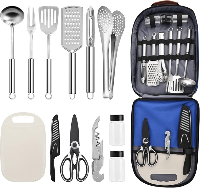 Extremus 13 Pcs Camp Kitchen Cooking Utensil Set Cookware Kit - Travel Organizer Grill Accessories Portable Compact Gear for Backpacking BBQ Camping Travel,Camping Accessories,Blue