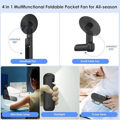 4 IN 1 Portable Handheld Fan,Personal Foldable Cooling Fan, Mini Pocket Fan,Desk Fan,Hand Fan,Flashlight,Power Bank,Table Lamp,Camping Travel Beach Fan, Birthday Gifts for Women Men(Black)