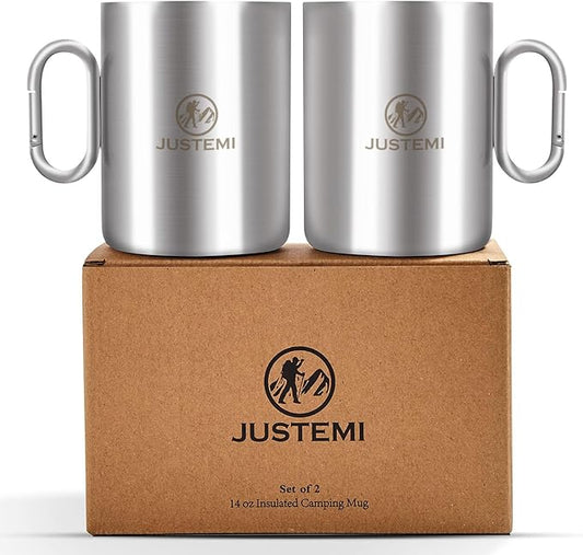 Backpacking Camping Mug,Stainless Steel Camping Cup with Carabiner Handle,Insulated Double Wall Coffee Mug Set of 2 for Traveling Outdoor 14oz