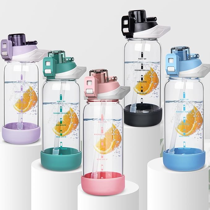 20 oz Sports Glass Water Bottle with Straw & Time Marker, Motivational Kids Daily Glass Drinking Bottle with Strap for Children, School