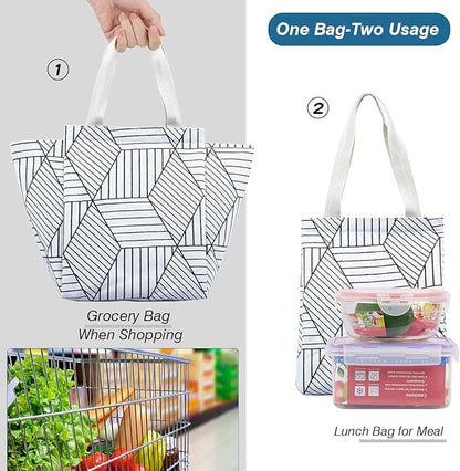 iknoe Insulated Lunch Bag for Women, 9L Sturdy Wide-Open Foldable & Portable Lunch Tote with Interior Pockets, Water-resistant Thermal Lunch Cooler for Adults Picnic Beach (White Rhombus)