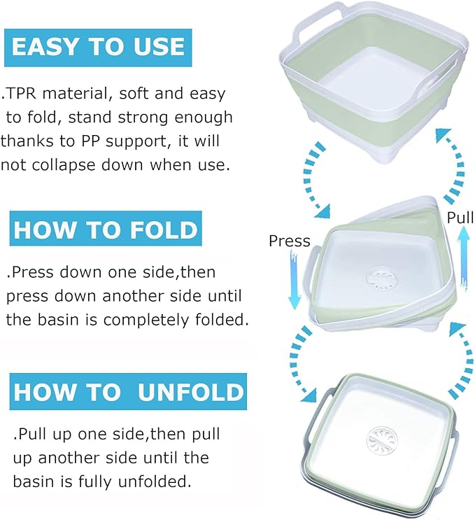 Dishpan for Washing Dishes,9L Collapsible Dish Tub Portable Sink,Wash Dish Basin,Foldable Laundry Tub,Washing Basin with Drain Plug,Dishpan for Kitchen Sink,Camping Dish Washing Tub,Green