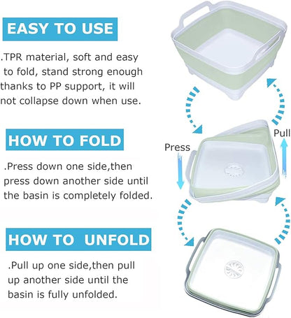 Dishpan for Washing Dishes,9L Collapsible Dish Tub Portable Sink,Wash Dish Basin,Foldable Laundry Tub,Washing Basin with Drain Plug,Dishpan for Kitchen Sink,Camping Dish Washing Tub,Green