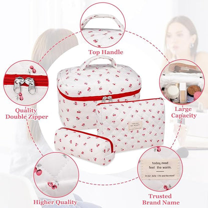 3pc Makeup Bag Set, Quilted Makeup Bag Set, Large Floral Cosmetic Bag for Women, Cute Cotton Makeup Bags, Flower Travel Toiletry Organizer Bag (Pink Cherry Flowers)