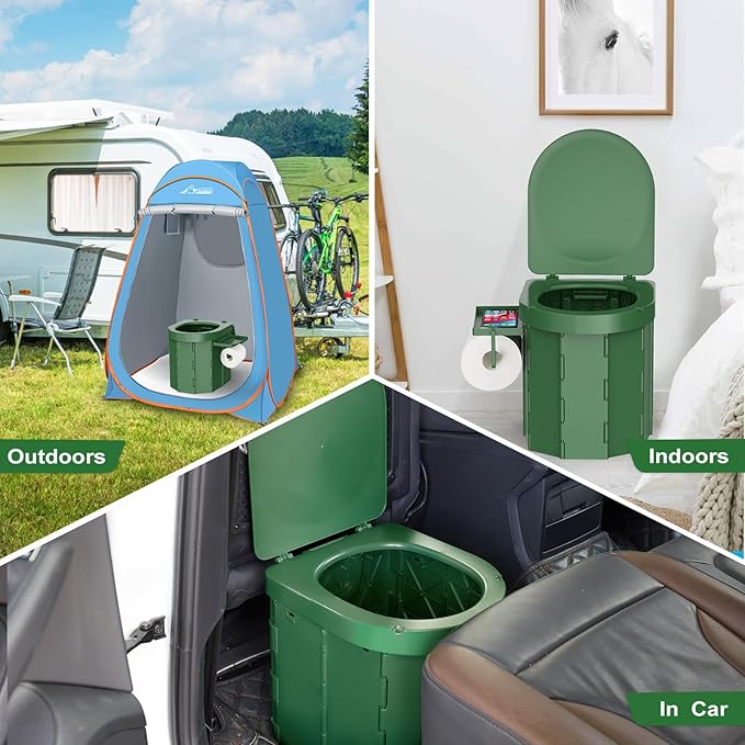 Portable Camping Toilet, Foldable Toilet for Adults with Detachable Phone Shelf and Toilet Paper Holder, Waterproof Porta Potty with Lid for Camping, Hiking, RV Travel, Road Trips