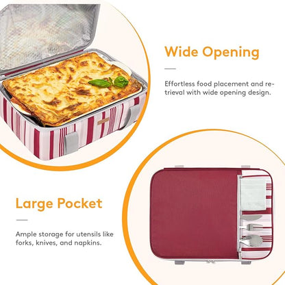 Insulated Casserole Carrier for Hot or Cold Food, Lasagna Lugger Tote for Potluck Parties/Picnic/Cookouts, Fits 9"×13" Baking Dish, Red