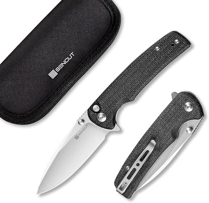 SENCUT Sachse Pocket Knife Folding Knife for EDC, Black Micarta Handle Satin 9Cr18MoV Blade Foldable Small Knife with Clip, Button Lock Everyday Carry Knife for Men Women Indoor Outdoor Gift S21007-1
