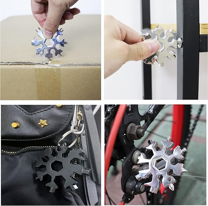 4PCS Snowflake Multitool,18-In-1 Stainless Steel Snowflake Wrench Screwdriver Multi-Tool, Portable Pocket Keychain Tools，Stocking Stuffers for Adults Christmas Gifts