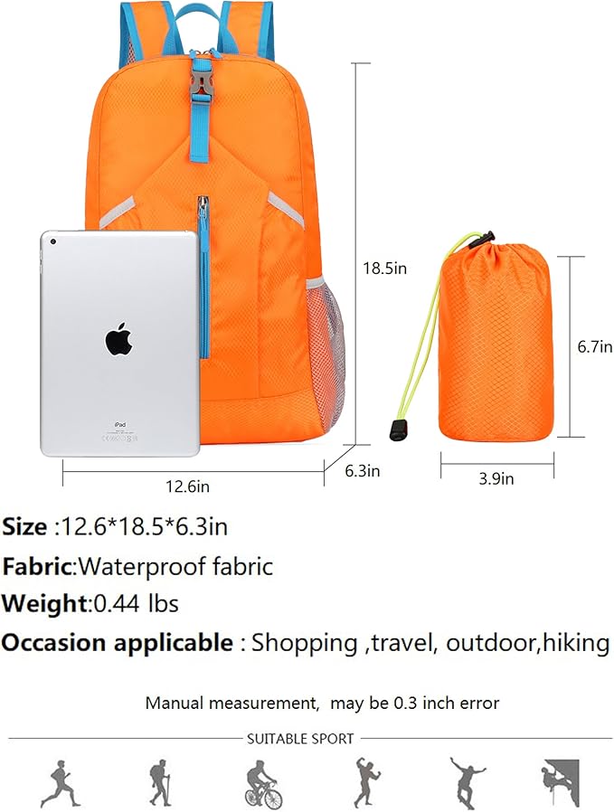 25L Hiking-Backpack Foldable-Sports Daypack-Camping Collapsible Bag Water Resistant Lightweight Travel Men Women (Orange)