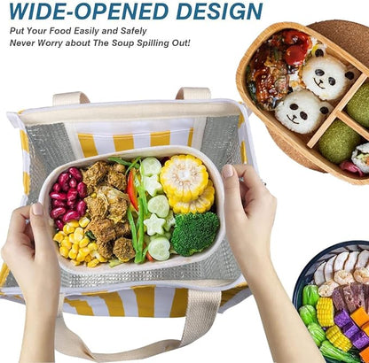 iknoe Lunch Bag Insulated Lunch Bags for Women & Men, 9L Reusable Lunch Tote, Portable Adult Thermal Large Lunch Cooler for Work Picnic Beach (Yellow Stripe)