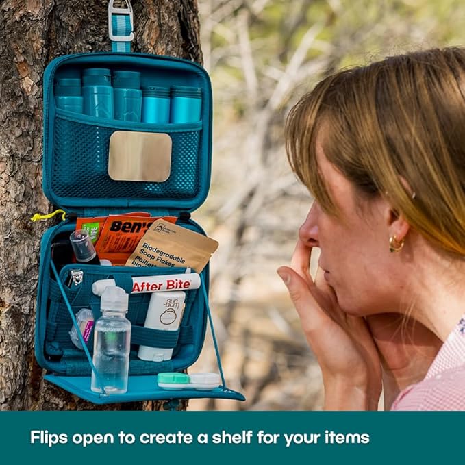 Adventure Hanging Toiletry Kit - Camping Toiletry Bag with Soap Flakes, Compressed Towelettes, Toothbrush, Mirror & More
