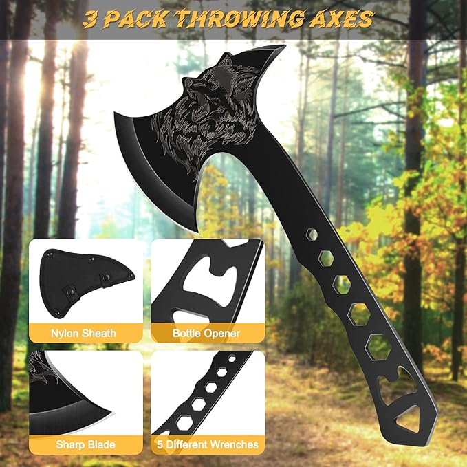 Throwing Stars, Throwing Axes and Tomahawks 3 Pack Set with Bottle Opener and Nylon Sheath, 10in Throwing Hatchet for Competition and Recreation