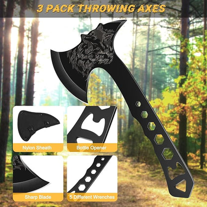 Throwing Stars, Throwing Axes and Tomahawks 3 Pack Set with Bottle Opener and Nylon Sheath, 10in Throwing Hatchet for Competition and Recreation