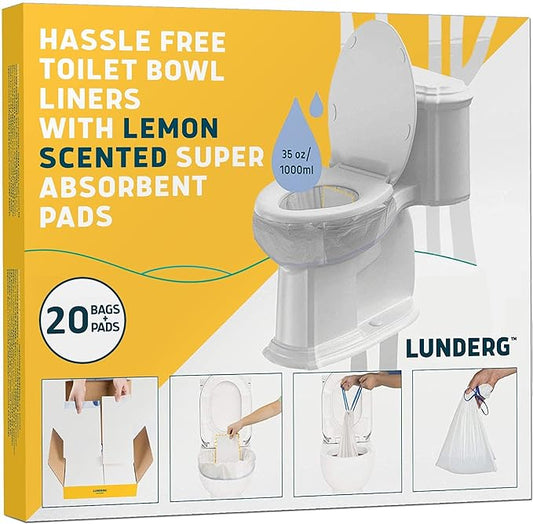Lunderg Toilet Bowl Liners with Lemon Scented Super Absorbent Pads - Value Pack 20 Count Universal Fit - Disposable Toilet Bags to Convert any Home, Boat or Camping Toilet in a Dry Toilet