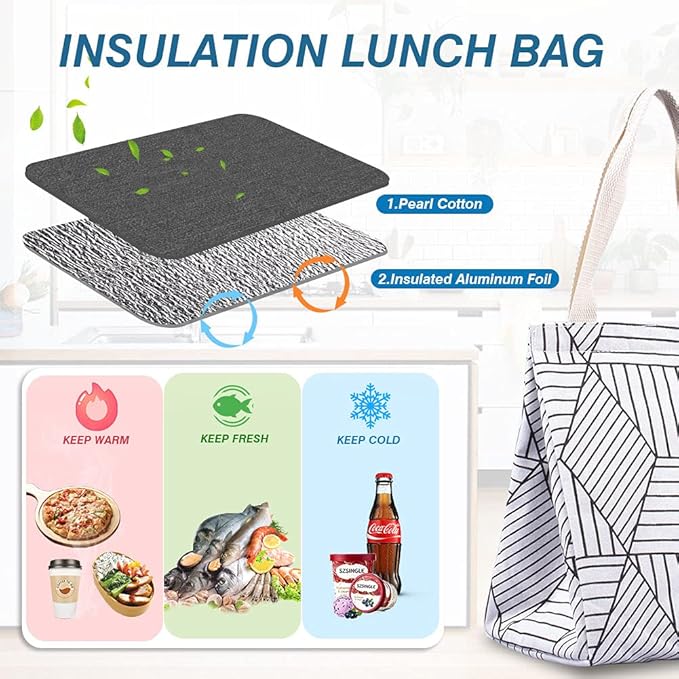 iknoe Insulated Lunch Bag for Women, 9L Sturdy Wide-Open Foldable & Portable Lunch Tote with Interior Pockets, Water-resistant Thermal Lunch Cooler for Adults Picnic Beach (White Rhombus)