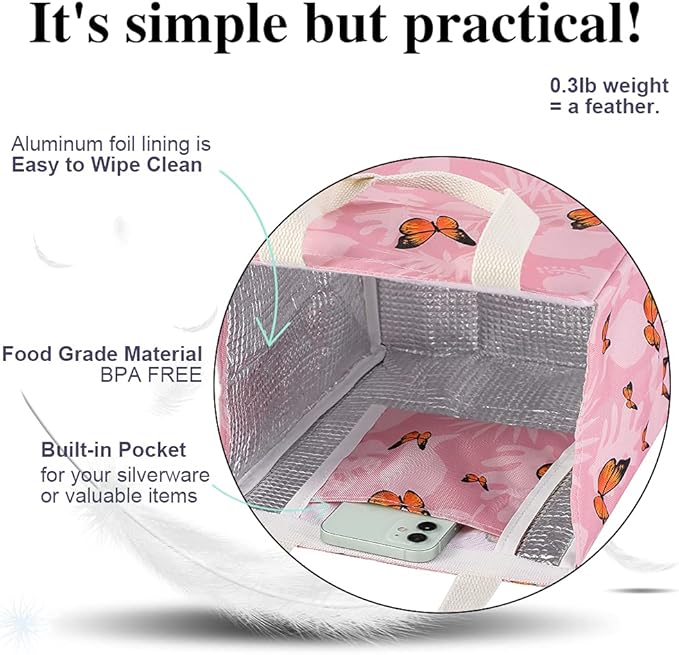 iknoe Insulated Lunch Bag for Women, 9L Sturdy Wide-Open Foldable & Portable Lunch Tote with Interior Pockets, Water-resistant Thermal Lunch Cooler for Adults Picnic Beach-Pink Butterfly