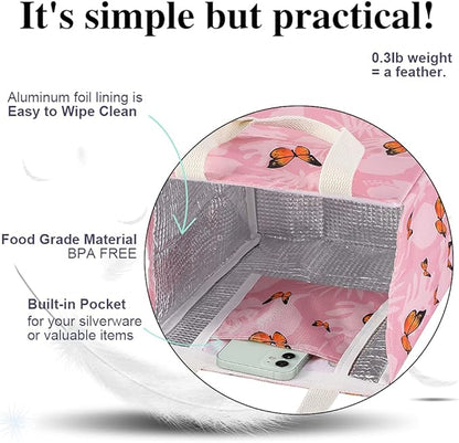 iknoe Insulated Lunch Bag for Women, 9L Sturdy Wide-Open Foldable & Portable Lunch Tote with Interior Pockets, Water-resistant Thermal Lunch Cooler for Adults Picnic Beach-Pink Butterfly