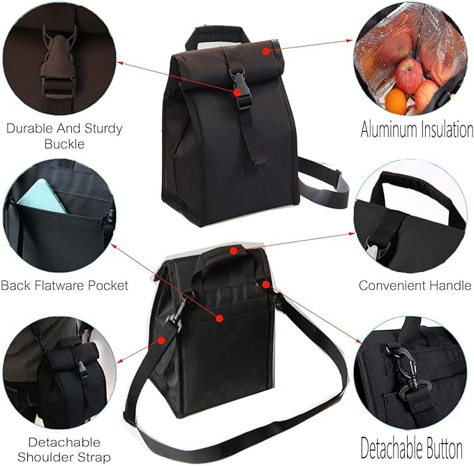 Insulated Foldable Lunch Bag With Ajustable Strap- Lightweight Portable Lunch Box for Men, Women, Office, Work, Picnic, Hiking and Beach (Black(Hard Fabric))