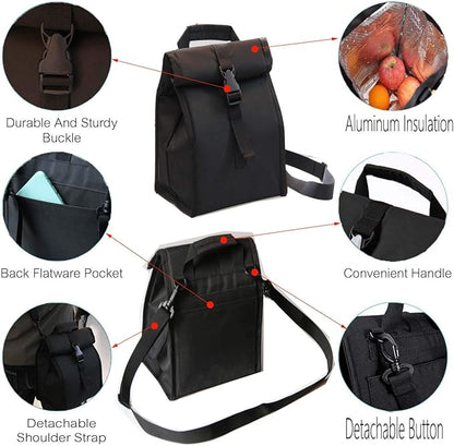 Insulated Foldable Lunch Bag With Ajustable Strap- Lightweight Portable Lunch Box for Men, Women, Office, Work, Picnic, Hiking and Beach (Black(Hard Fabric))