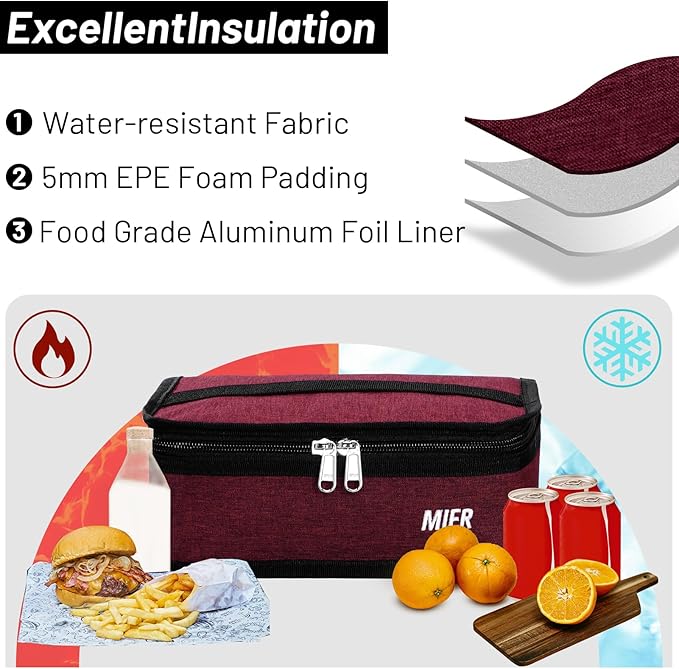 MIER Portable Thermal Insulated Cooler Bag Mini Lunch Bag for Kids, Dark Red