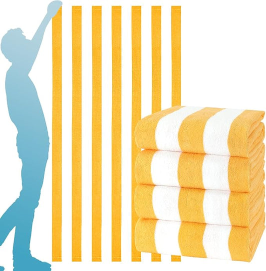 4 Packs Oversized Stripe Beach Towel Thin Terry with Towel Bands Set XL Extra Large Big Clearance Pool Travel Accessories Essentials Soft Absorbent Swim Bath Towels Bulk Men Women Adults Gift Yellow