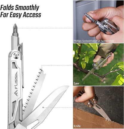 FLISSA Multitool, 16-in-1 Multitools with Sheath, Stainless Steel EDC Multitool, Pocket Knife, Bottle Opener, Screwdriver, Pocket Multi-Tool for Camping, Handwork, Hunting, Hiking, Fishing