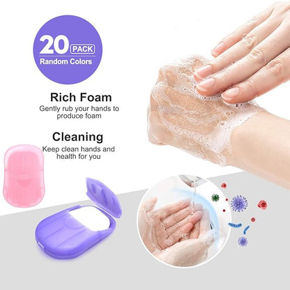 20 Boxes (400 Sheets) Portable Travel Soap Paper Sheets, Mini Disposable Soap Sheets Hand Washing Bath Scented Paper Soap and Slide Foaming Paper Soap Bathing Soap Flakes for Outdoor Camping