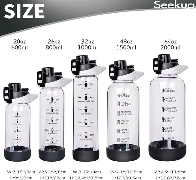 64 oz Large Sports Glass Water Bottle with Straw & Time Marker, Motivational Half Gallon Daily Glass Drinking Bottle with Strap for Fruit Infused Water, Smoothie, Coffee