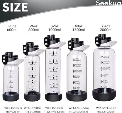 64 oz Large Sports Glass Water Bottle with Straw & Time Marker, Motivational Half Gallon Daily Glass Drinking Bottle with Strap for Fruit Infused Water, Smoothie, Coffee