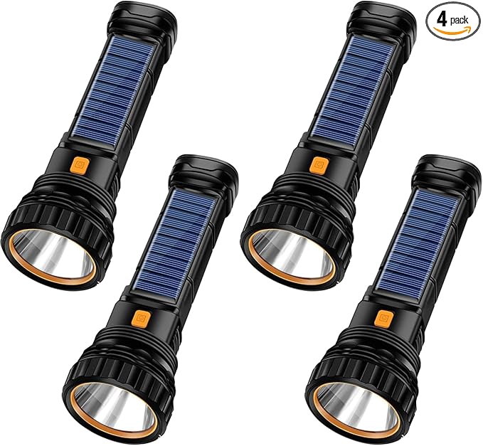 4pcs Solar/Rechargeable Multi Function 1000 Lumens LED Flashlight, with Emergency Strobe Light and 1200 Mah Battery, Emergency Power Supply and USB Charging Cable, Fast Charging