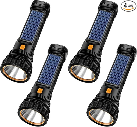 4pcs Solar/Rechargeable Multi Function 1000 Lumens LED Flashlight, with Emergency Strobe Light and 1200 Mah Battery, Emergency Power Supply and USB Charging Cable, Fast Charging