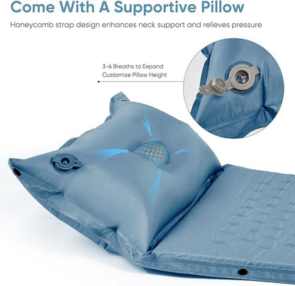 Naturehike Self-Inflating Double Sleeping Pad, Ultralight Memory Foam Pad with Pillow, Fast Inflating, Patchwork Sleeping Pad for Hiking, RV Camping, Full, Blue