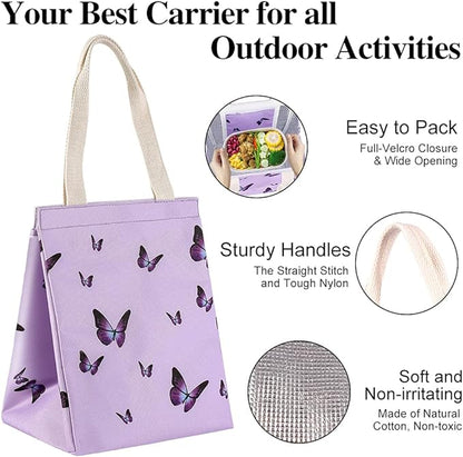 iknoe Insulated Lunch Bag for Women, 9L Durable Wide-Open Foldable & Portable Lunch Tote with Interior Pockets, Water-resistant Thermal Lunch Cooler for Adults Picnic Beach (Purple Butterfly)