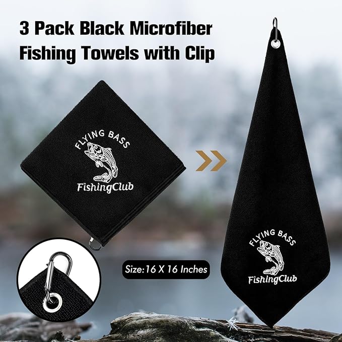 3 Pack Microfiber Fishing Towels with Clip 16’ x 16’ Camping Towel Black Hiking Towels Boat Towels Bait Towel Golf Towel For Man Women Camper Club Effective Cleaning of Fishing Gears Dirty Hands Body