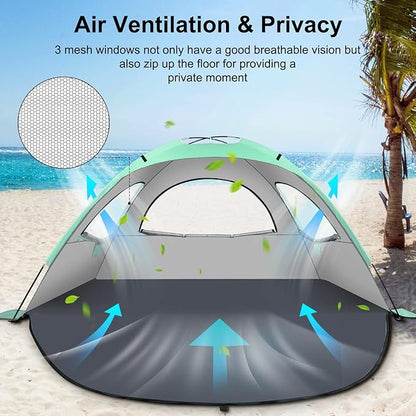 Beach Tent Sun Shelter for 3-4Person, Lightweight Beach Tent with UV Protection, 3 Mesh Roll Up Windows & 8.0mm Fiberglass, Easy Assemble