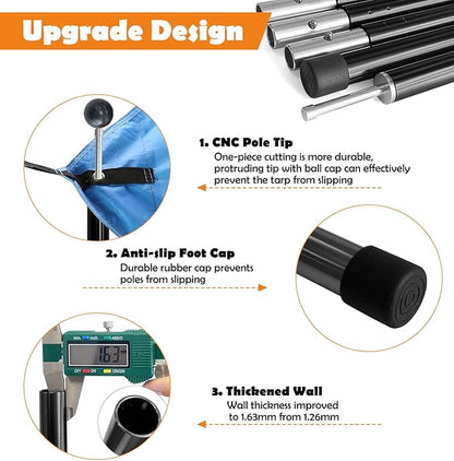 Sutekus Aluminum Poles Tarp Poles Replacement Accessories 5 Section Multifunction Aluminum Rod with Lantern Hook for Camping Shelters Canopy Support 2 Poles (Black)