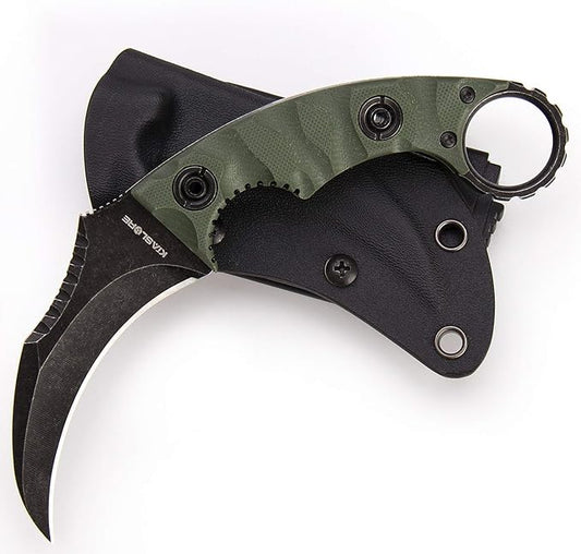 1911K Tactical Knife Fixed Blade Teeth Knife D2 curved Blade & G10 Handle for Outdoor Survival, Camping, Bushcraft and Hunting, with Sheath (Stonewashed OD Green, 180)