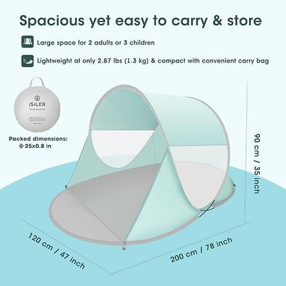 ISILER Pop Up Beach Tent, Portable Outdoor Shade, UPF 50+ Baby Shelter, Easy Setup Windproof Waterproof Canopy