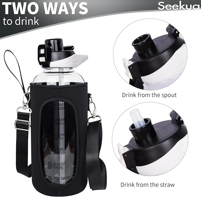 64 oz Large Sports Glass Water Bottle with Straw & Time Marker, Motivational Half Gallon Daily Glass Drinking Bottle with Strap for Fruit Infused Water, Smoothie, Coffee