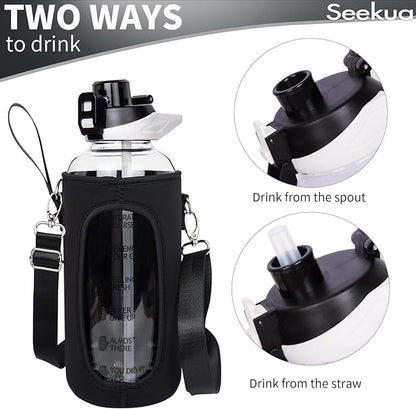 64 oz Large Sports Glass Water Bottle with Straw & Time Marker, Motivational Half Gallon Daily Glass Drinking Bottle with Strap for Fruit Infused Water, Smoothie, Coffee