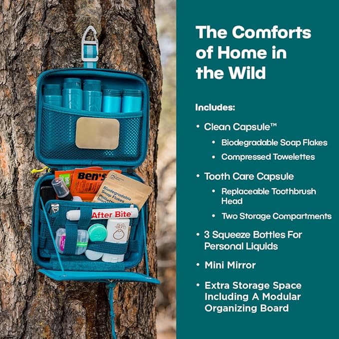 Adventure Hanging Toiletry Kit - Camping Toiletry Bag with Soap Flakes, Compressed Towelettes, Toothbrush, Mirror & More