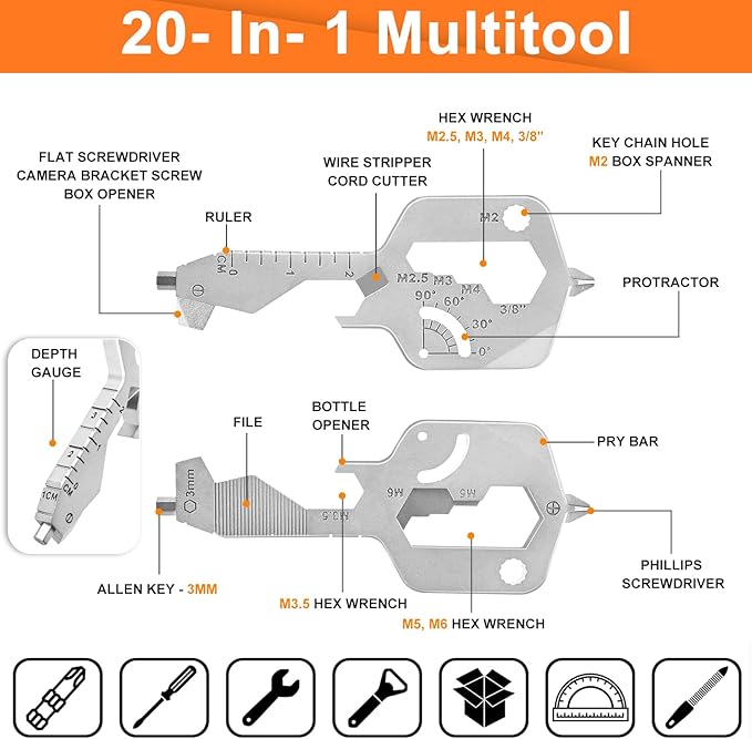 20-in-1 Key Shaped Pocket Multi Tool -2Pack Versatile EDC Gadgets, Bottle Opener Keychain, Screwdriver Keychain, Ideal Gifts Multipurpose Tool, Compact EDC Keychain, Silver