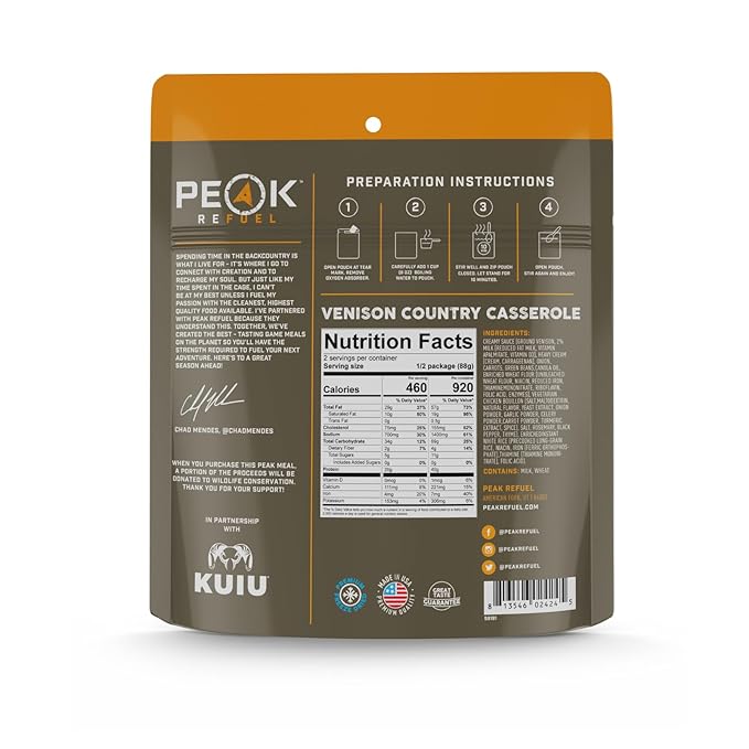 Peak Refuel Venison Country Casserole | Chad Mendes Signature Meal | Premium Freeze-Dried Variety Meals | Hunting, Survival, Camping, Backpacking Food | High-Protein Game Meats | MRE | Made in USA