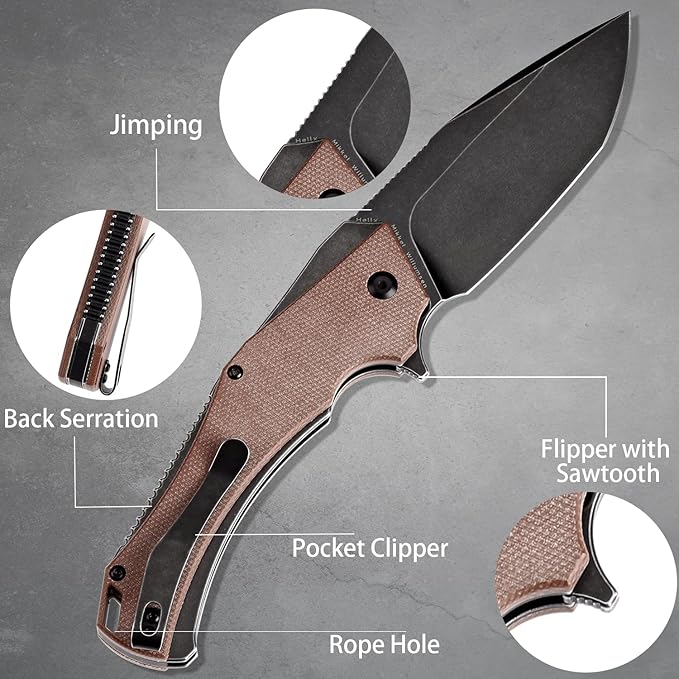 KANSEPT Hellx Pocket Folding Knives Button Lock for Men EDC Pocket Knife 3.6'' Black Stonewashed D2 Blade Excellent Folding Knife with Brown Micarta Handle EDC Knife T1008F2