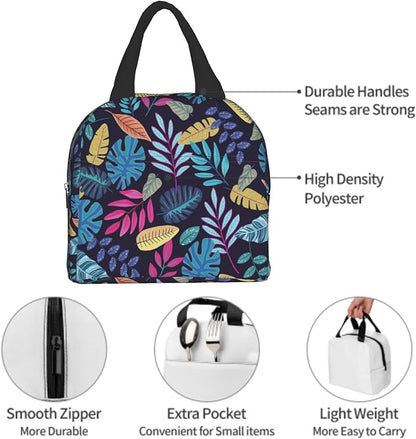 Imiss Blue Tropical Leaves Insulated Lunch Bag for Woman Man Adults， Hawaii Hawaiian Plants Reusable Cooler Lightweight Lunch Cooler Bag with Front Pocket for Picnic Work Office