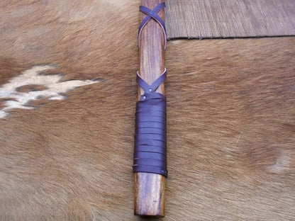 20 Inches Long Damascus Steel Tomahawk Axe, Rose Wood with Wrapped Leather Handle Bearded Hiking Axe, Hand Forged Damascus Steel Camping Axe, Thick Cow Hide Leather Sheath