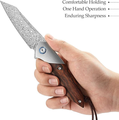 3.5" Damascus EDC Folding Pocket Knife with Clip for Men, Handmade Leather Sheath for Belt，Steel Bolster & Ironwood Handle,Ball Bearings Pivot,Everyday Carry Outdoor,Vul-01