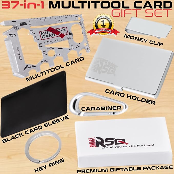 37-in-1 Wallet Tool Card Silver Set Men's Gifts for Dad. Wallet Multi Tool Card Men Gifts for Birthday. EDC Multi Tool Credit Card Size Dad Tool Gift. Stocking Stuffers Cool Tool Gifts for Men
