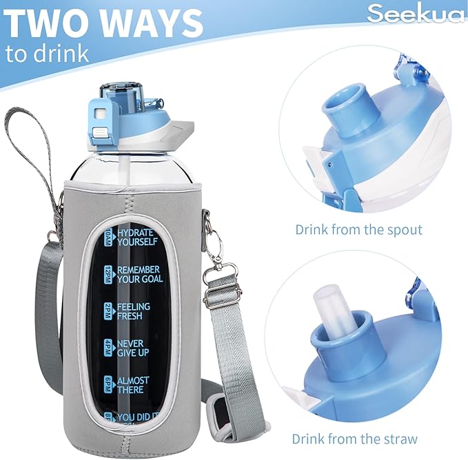 64 oz Large Sports Glass Water Bottle with Straw & Time Marker, Motivational Half Gallon Daily Glass Drinking Bottle with Strap for Fruit Infused Water, Smoothie, Coffee
